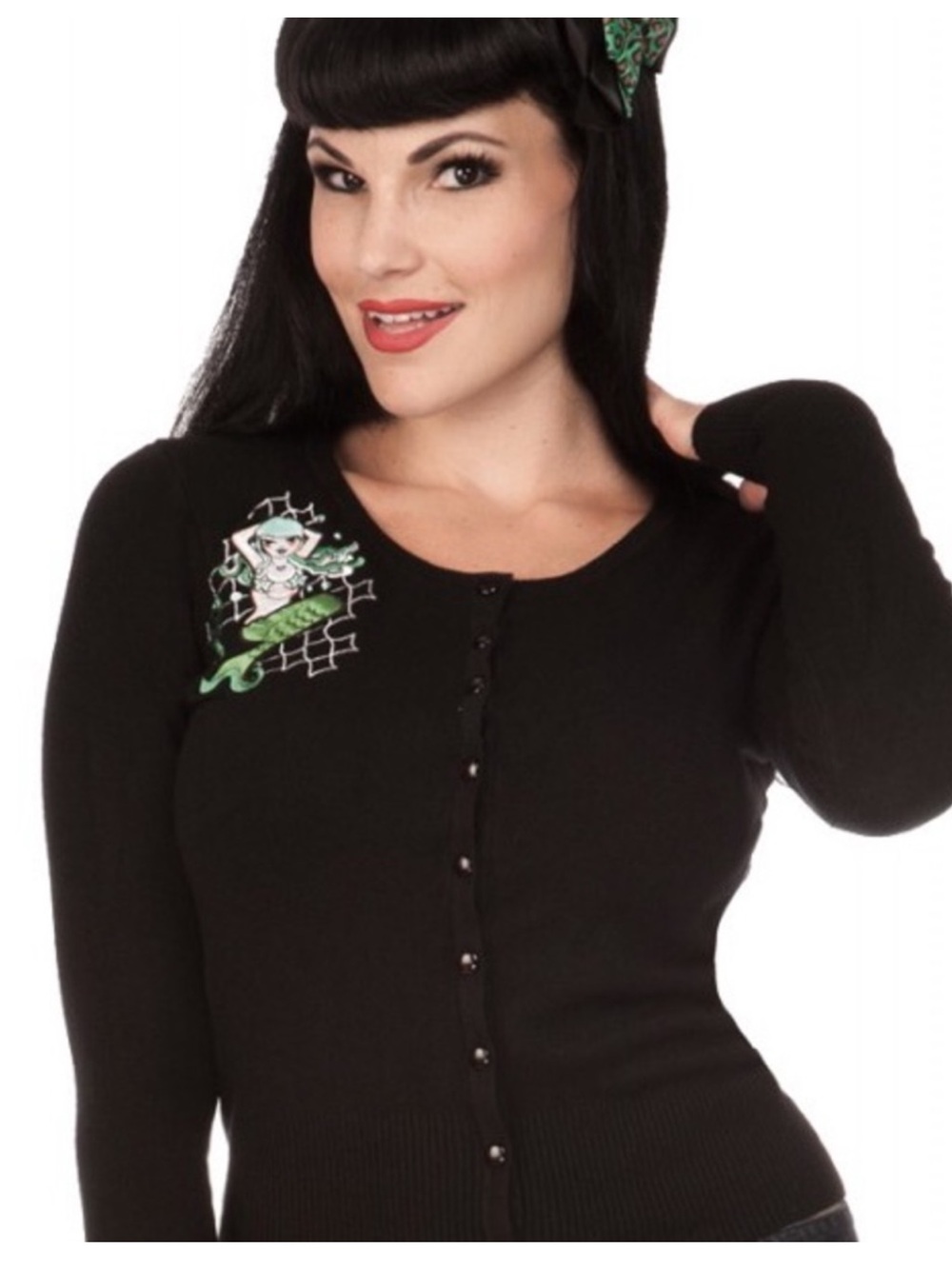 Voodoo Vixen Mermaid Embroidered Pinup Girl Button Front Cardigan M Black